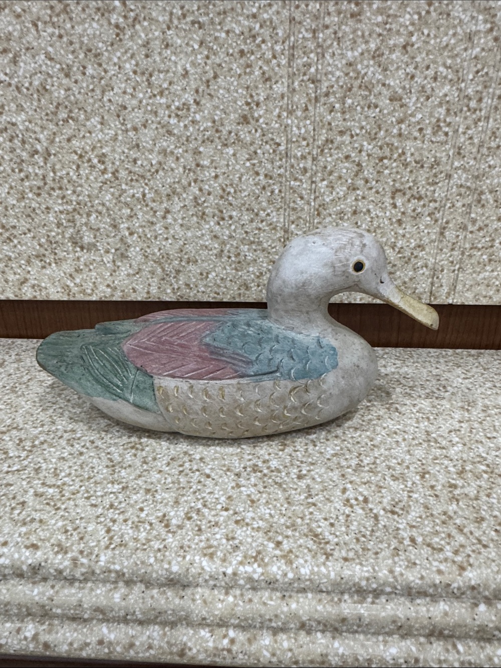 Vintage Hand-Painted Wood Carved  Duck Figurine in Pastel Greens and Pinks